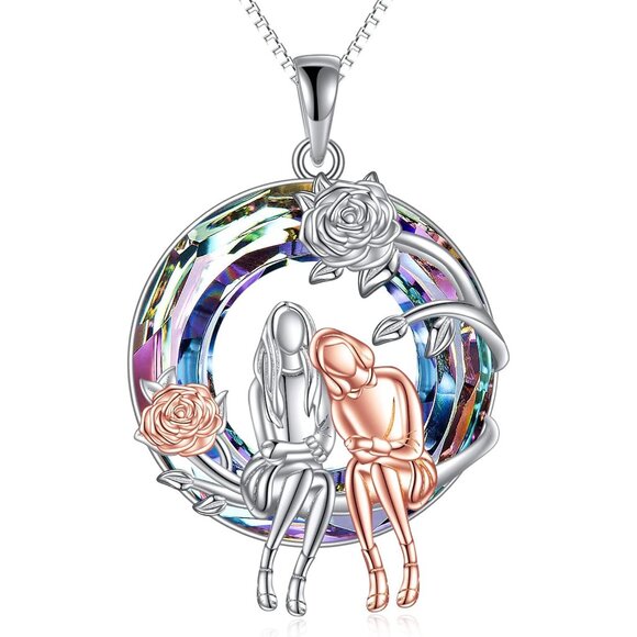 925 Sterling Silver Heart Moon Pendant Necklace for Sisters & Friends
